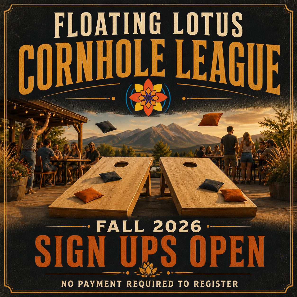 Floating Lotus Cornhole League — Fall 2026 signups open.