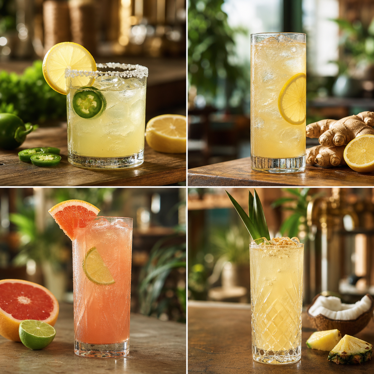Four Floating Lotus mocktails: jalapeño lemon, lemon ginger, grapefruit lime, and pineapple coconut.