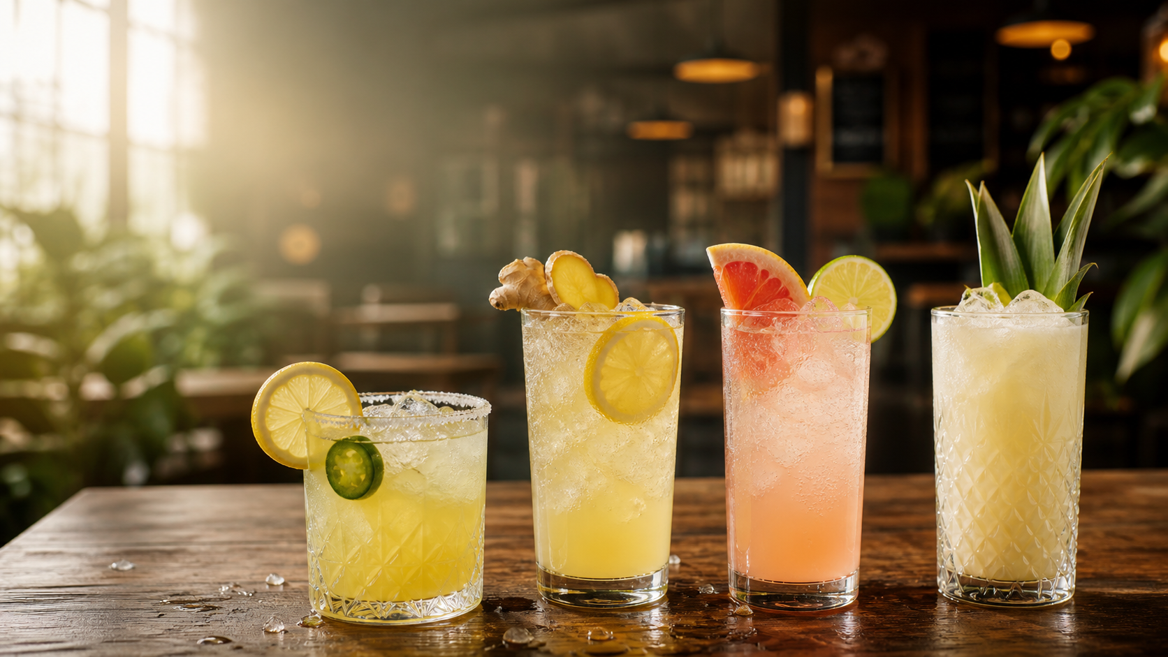 Four zero-proof mocktails at Floating Lotus: jalapeño lemon, lemon ginger, grapefruit lime, and pineapple coconut.
