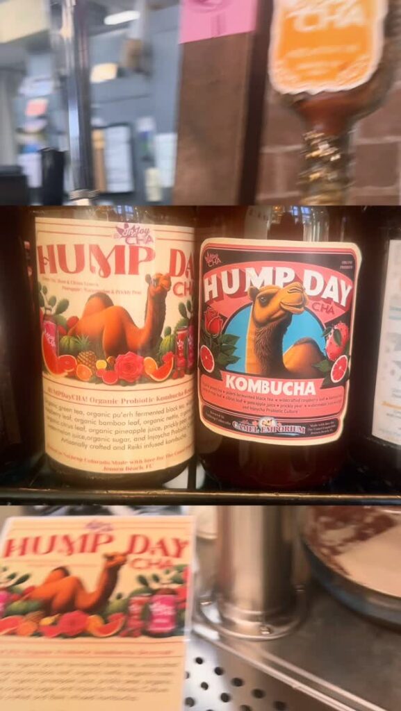 InjoyCHA Hump Day kombucha bottles and label display