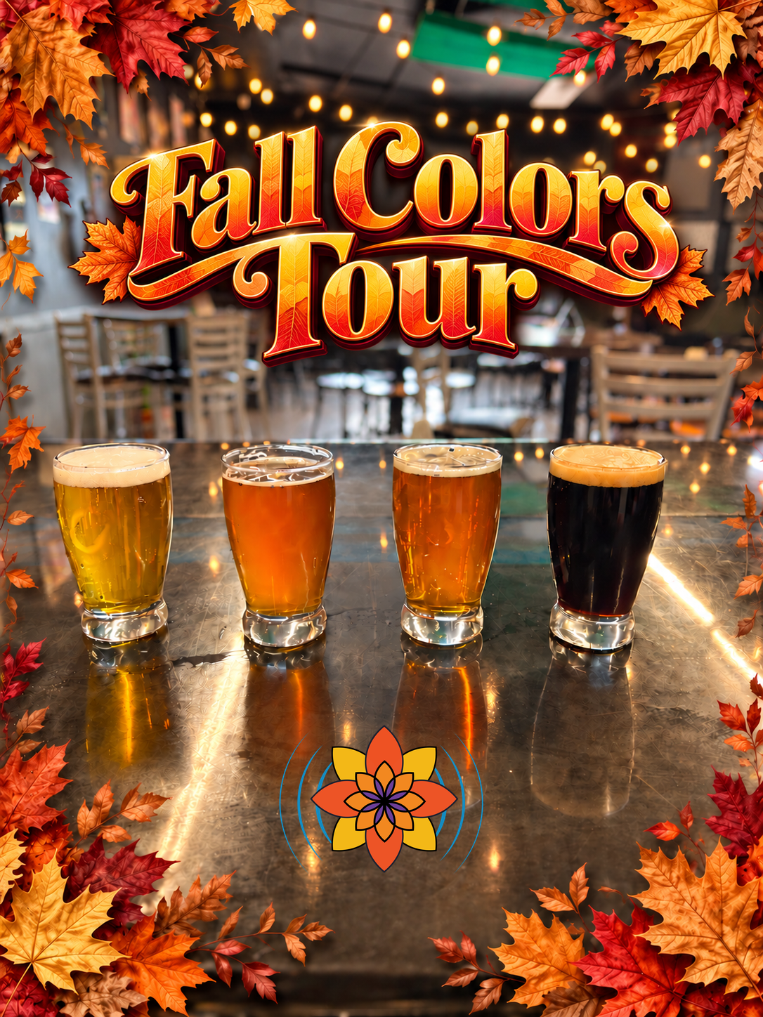 Fall Colors Tour: four Floating Lotus beers framed by autumn leaves, with the brewery logo below.